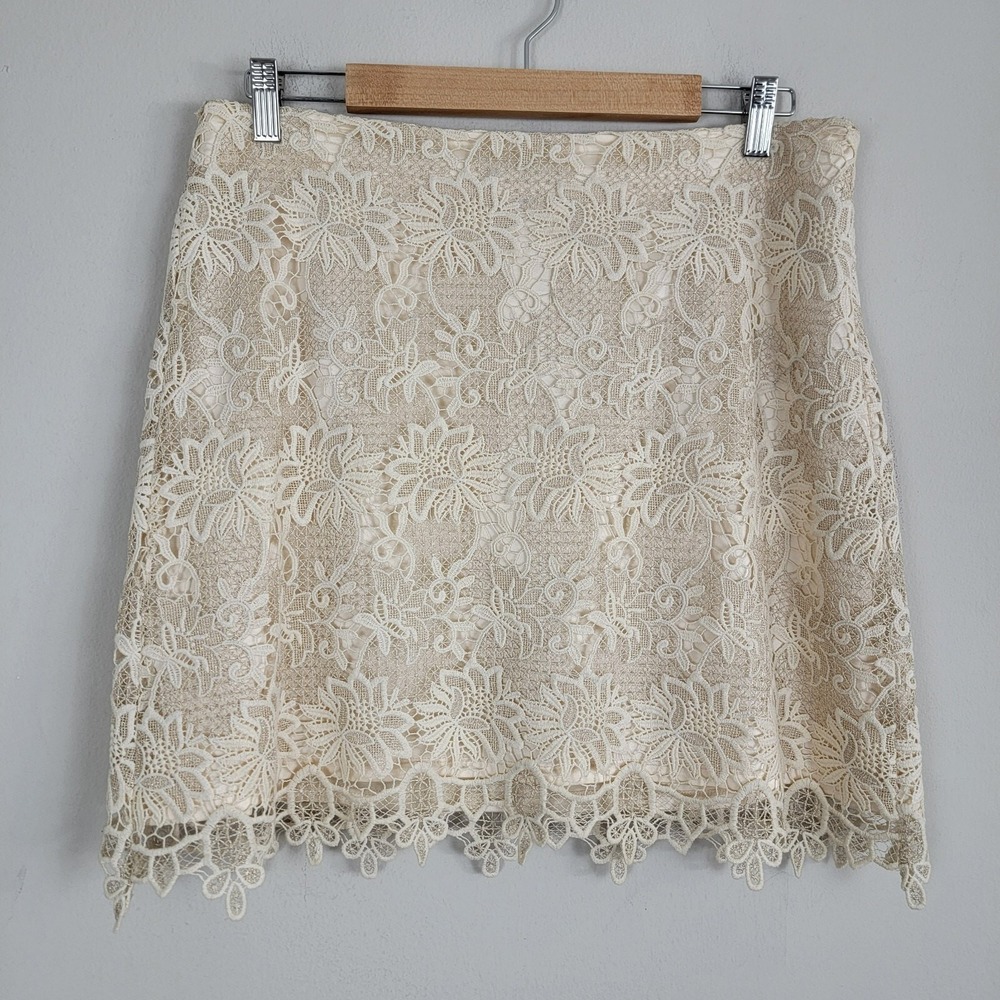 Adolfo Dominguez Costura A Line Skirt Womens Size 44 Beige Floral Lace Zip Mini